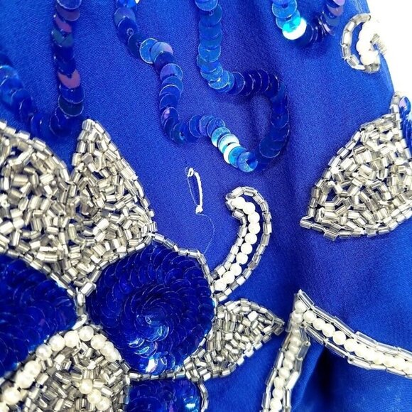 Vintage 2 Piece Silk Blouse Skirt Set Size 10 Blue Silver Beaded Shoulder Pads - Picture 9 of 12